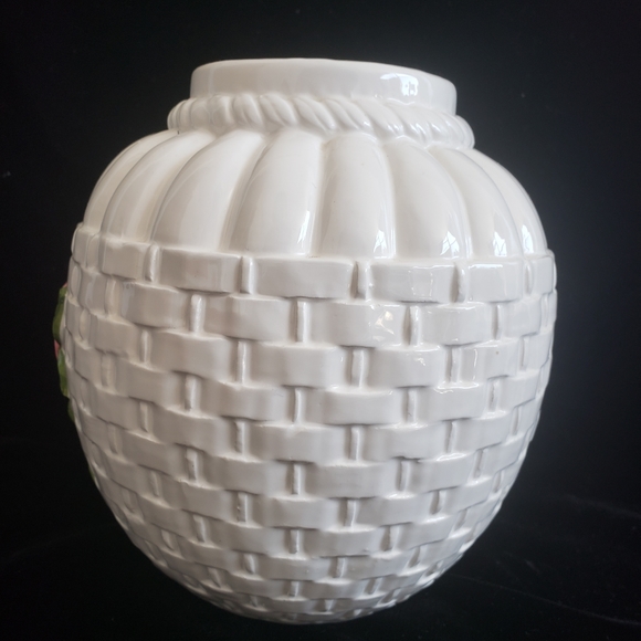 Vintage Pottery White Flower Weaved  Round Vase# - Picture 3 of 8